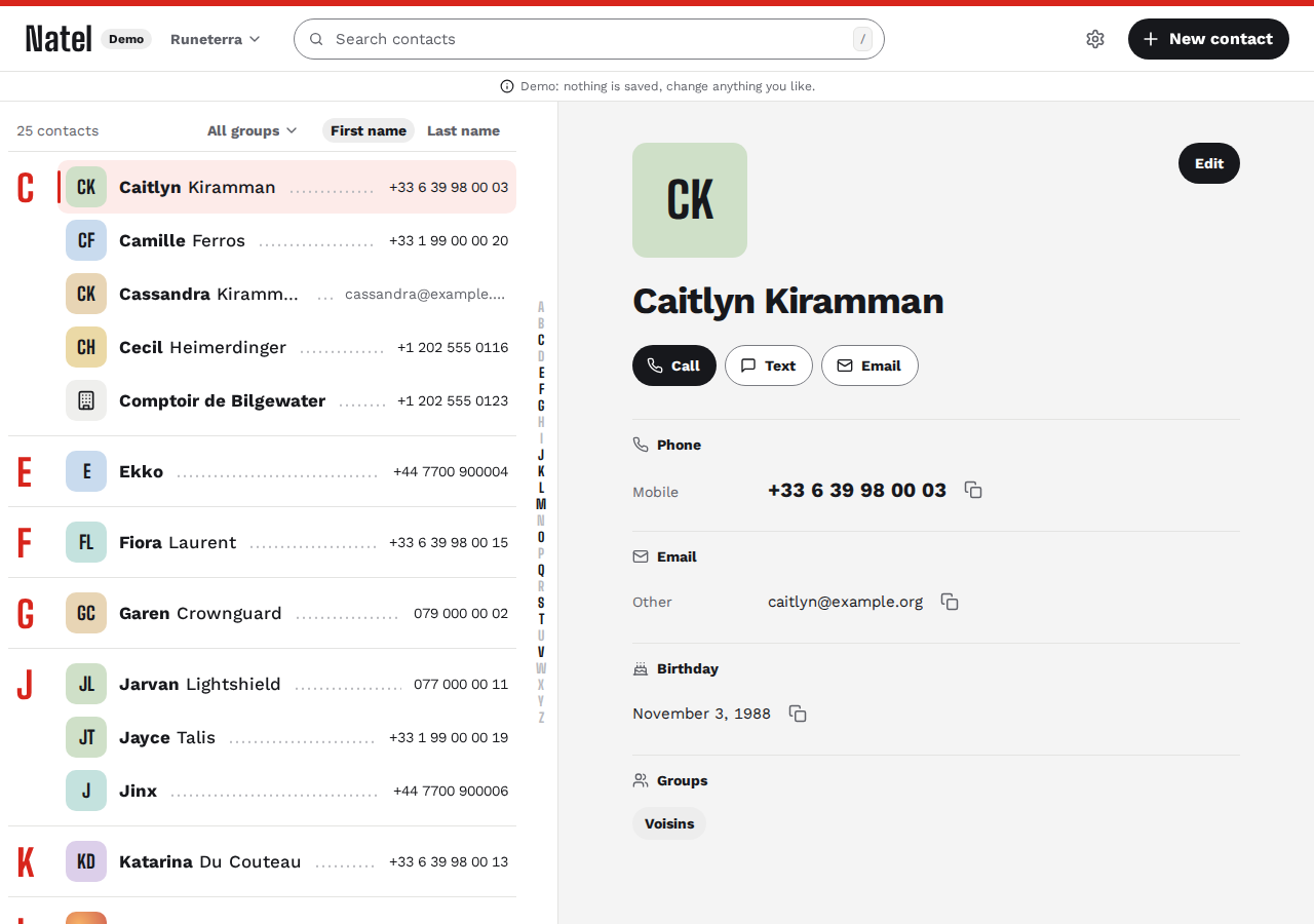 Natel on a desktop screen: the contact list grouped by letter on the left, with a phone number or email on each row, and Caitlyn Kiramman's page on the right, with Call, Text and Email buttons, her phone, email, birthday and group.