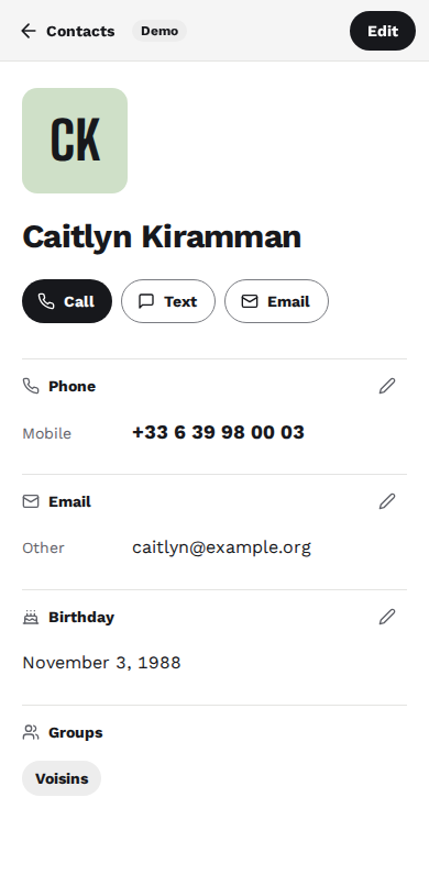 Caitlyn Kiramman's page on a phone, with an Edit button at the top.